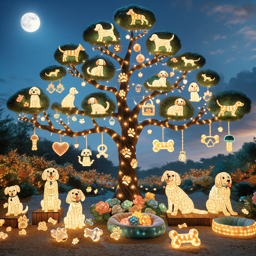 DALL·E 2023-12-23 18.31.53 - A delightful and whimsical scene featuring a tree adorned with dog-themed lights and dog-related objects. The tree has a playful and cheerful appearan